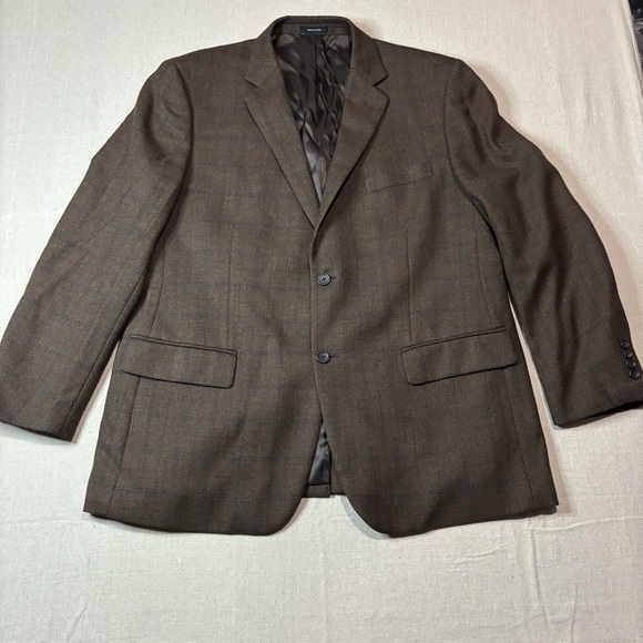 Joseph & Feiss Gold Sport Coat Men's 46R Wool Brown Herringbone Windowpane 2 Btn - Picture 1 of 10